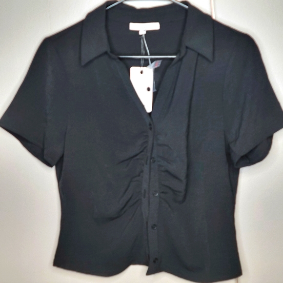 Ro & De Tops - RO & DE Black Ruched Button Blouse NWT